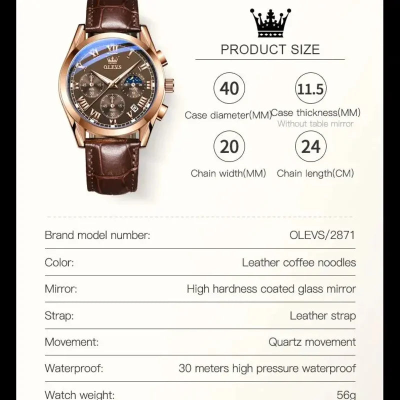 OLEVS 2871  Relógio Pulseira em couro, estilo clássico